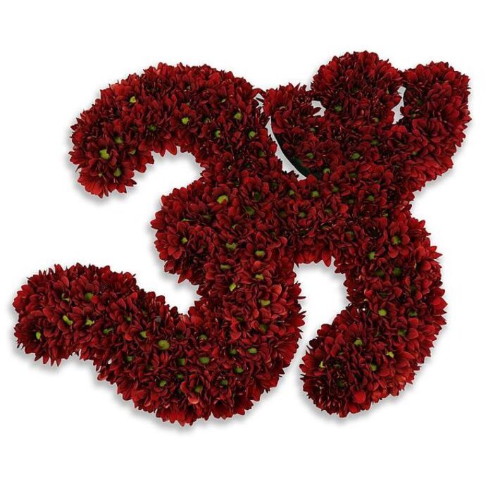 A striking, meticulously assembled floral sculpture forming the number 33, presented against a pristine white field that makes the deep burgundy of the blooms sing. The numerals are composed of hundreds of small button chrysanthemums, each blossom packed closely into its neighbour so the surface becomes a plush, velvety plane of colour. The petals present a saturated crimson-maroon that feels warm and substantial, while tiny green centres and interspersed leaflets appear like fresh punctuation across the curves, subtly lifting the composition and adding lifelike texture. The two threes hold their shape with bold, confident contours; a soft, diffused gray shadow sits beneath them, creating a sense of elevation and volume, as if the number were laid gently upon the white surface and caught a shaft of soft studio light. The craftsmanship is evident in the density of the packing and the careful modelling of the edges-details I would ensure when preparing a commemorative floral number for a birthday, anniversary, sports tribute, or memorial. Locally, this kind of arrangement resonates with customers across Marks Gate and the surrounding streets toward Barking and Chadwell Heath, where families often request significant numeric tributes for milestone events. At Flower Delivery Marks Gate we choose chrysanthemums for their longevity and comforting texture, and we advise clients that the deep red hue reads particularly powerfully in natural daylight or under soft interior lighting, making the number both a bold visual statement and a tactile, heartfelt emblem.